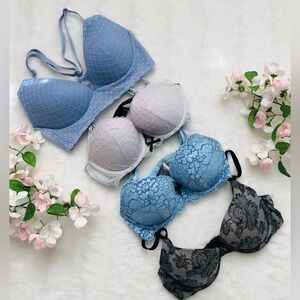 4 Pretty Victoria’s Secret Bras Size 32C, GUC, pastel blue, purple, black lace